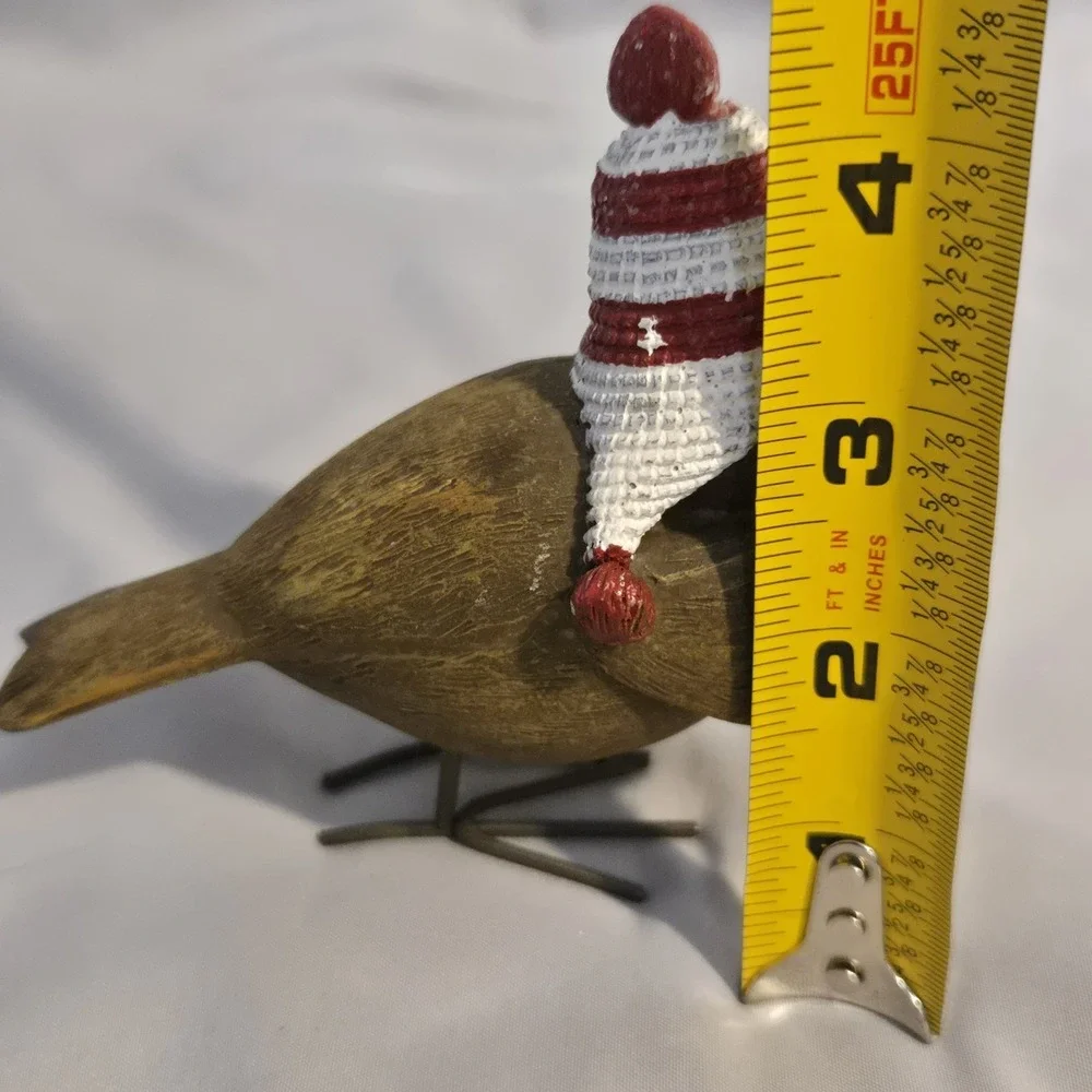 Christmas Bird Figurine Red White Winter Hat Pom Pom Rustic Holiday Decor 4